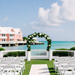 Caribbean Holidays, October Weddings, Elegant outdoor wedding ceremony overlooking Bermuda's turquoise sea, with pastel buildings and tropical greenery