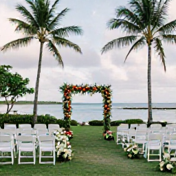 Caribbean Holidays, October Weddings, Elegant outdoor wedding ceremony under palm trees at a Martinique seaside resort, with white chairs and tropical flowers