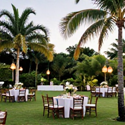 Caribbean Holidays, October Weddings, Elegant outdoor wedding reception in a tropical garden in Tobago, with round tables, lanterns and lush palms