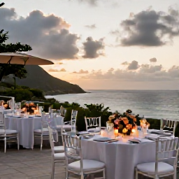 Caribbean Holidays, October Weddings, Elegant seaside wedding reception on a Saint Barth&eacute;lemy terrace at sunset, with flowers, candles and views across the Caribbean Sea