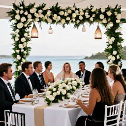 Caribbean Holidays, October Weddings, Elegant tropical wedding reception at a Caribbean resort in St Thomas, with white flowers, lanterns and guests dining outdoors