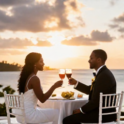Caribbean Holidays, October Weddings, Happy newlywed couple sharing a sunset toast at a Caribbean hotel terrace in Trinidad and Tobago