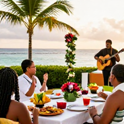 Caribbean Holidays, October Weddings, Happy wedding guests celebrating at a Saint Lucia resort in October, with tropical flowers, local food, music and the Caribbean coastline
