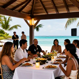 Caribbean Holidays, October Weddings, Happy wedding guests enjoying a Caribbean reception outdoors, with tropical food, music, lanterns and a view across the sea