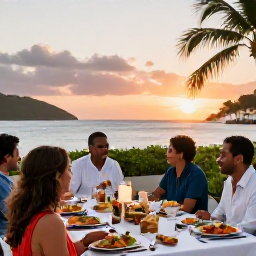 Caribbean Holidays, October Weddings, Happy wedding guests enjoying a relaxed Caribbean reception with tropical food and sunset views in the British Virgin Islands