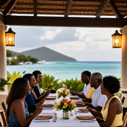 Caribbean Holidays, October Weddings, Happy wedding guests enjoying a relaxed outdoor dinner in Saint Barth&eacute;lemy, with island scenery, lanterns and tropical flowers