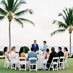 Caribbean Holidays, October Weddings, Happy wedding guests enjoying a relaxed outdoor reception at an Antigua resort with palm trees