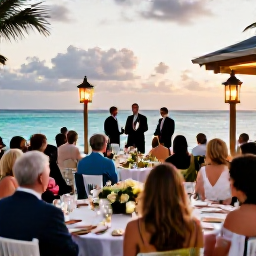 Caribbean Holidays, October Weddings, Happy wedding guests enjoying an outdoor reception in Bermuda with lanterns, flowers and ocean views at sunset