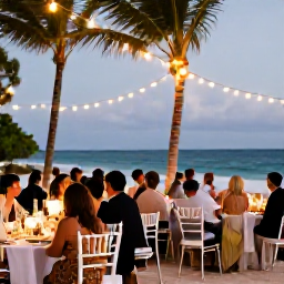Caribbean Holidays, October Weddings, Happy wedding guests sharing a Dominican Republic beach reception dinner under palm trees with warm evening lights