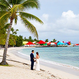 Caribbean Holidays, October Weddings, Newly married couple exploring a quiet palm-fringed beach and colourful waterfront in Saint Kitts and Nevis