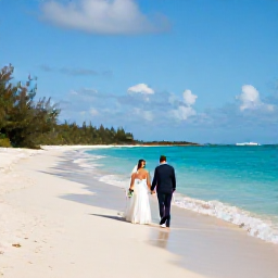 Caribbean Holidays, October Weddings, Newly married couple exploring turquoise shallows and a quiet beach in Turks and Caicos, with wedding attire and tropical scenery