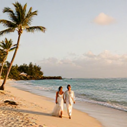 Caribbean Holidays, October Weddings, Newly married couple walking along a quiet Barbados beach after their October wedding, palm trees, gentle waves and warm golden light