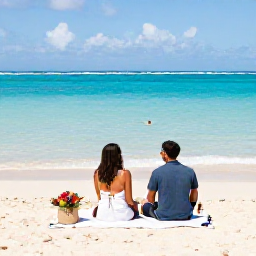 Caribbean Holidays, October Weddings, Newlywed couple enjoying a relaxed beach picnic and swimming in clear Bahamian water during an October holiday