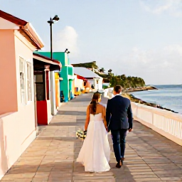 Caribbean Holidays, October Weddings, Newlywed couple exploring a Caribbean island after their wedding, walking through a colourful town near the sea in warm October sunshine