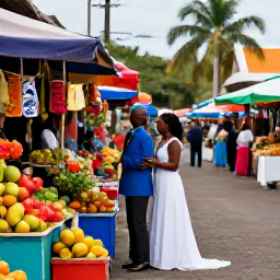 Caribbean Holidays, October Weddings, Newlywed couple exploring a colourful Martinique street market with tropical fruit, flowers and handmade crafts