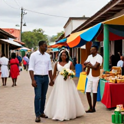 Caribbean Holidays, October Weddings, Newlywed couple exploring a colourful Trinidad street market and enjoying local music and food