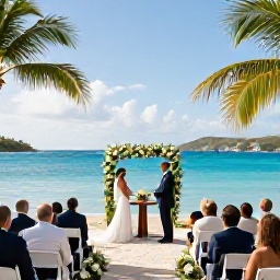 Caribbean Holidays, October Weddings, Newlyweds and guests enjoying a sunny beachfront wedding ceremony on St Thomas in the United States Virgin Islands, with turquoise water and palm trees