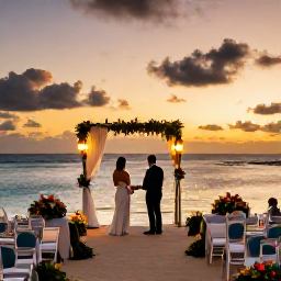 Caribbean Holidays, October Weddings, Newlyweds enjoying an Aruba sunset wedding reception with lanterns, tropical flowers and tables beside the sea