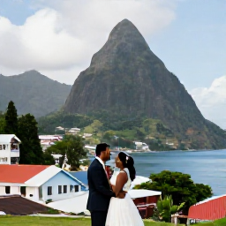 Caribbean Holidays, October Weddings, Newlyweds exploring Soufriere in Saint Lucia after an October wedding, with colourful local buildings, lush mountains and the Caribbean Sea