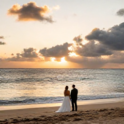 Caribbean Holidays, October Weddings, Newlyweds standing on a quiet Caribbean beach at sunset in October, with gentle waves and warm evening light