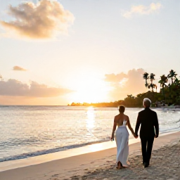Caribbean Holidays, October Weddings, Newlyweds walking along a peaceful British Virgin Islands beach after an October sunset