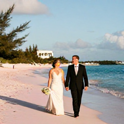 Caribbean Holidays, October Weddings, Newlyweds walking along a pink-sand beach in Bermuda during warm October sunshine
