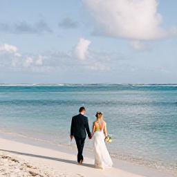 Caribbean Holidays, October Weddings, Newlyweds walking beside a calm turquoise Caribbean sea at a Martinique beach in October