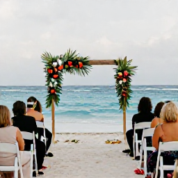 Caribbean Holidays, October Weddings, Outdoor wedding ceremony on Grace Bay Beach in October, with white chairs, tropical flowers and guests looking towards the sea