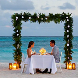 Caribbean Holidays, October Weddings, Romantic newlywed dinner beside the sea in The Bahamas, with lanterns, tropical greenery and a calm evening horizon