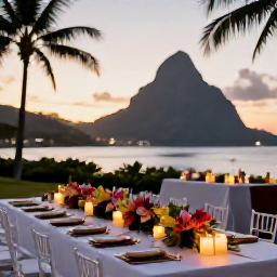 Caribbean Holidays, October Weddings, Romantic Saint Lucia wedding reception at sunset in October, with decorated tables, candles, tropical flowers and the Pitons in the distance