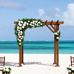 Caribbean Holidays, October Weddings, Tropical Antigua beach wedding ceremony with wooden arch, white flowers and turquoise sea