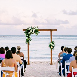 Caribbean Holidays, October Weddings, Tropical wedding ceremony under a simple arch on a sandy Trinidad beach, with calm sea and guests in light clothing