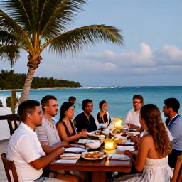 Caribbean Holidays, October Weddings, Wedding guests enjoying a relaxed October reception beside the sea in Turks and Caicos, with tropical food, lanterns and gentle evening light