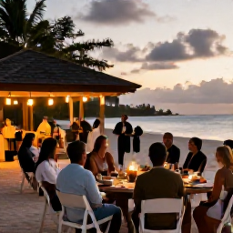 Caribbean Holidays, October Weddings, Wedding guests enjoying a relaxed outdoor reception with Caribbean food, lanterns and music on a Saint Kitts beach at sunset