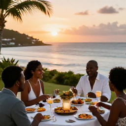 Caribbean Holidays, October Weddings, Wedding guests enjoying a sunset dinner beside the sea in Saint Martin, with tropical food, candles and relaxed island atmosphere