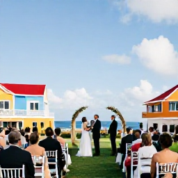 Caribbean Holidays, October Weddings, Wedding guests exploring Aruba after a ceremony, with colourful buildings, palm trees and a bright coastal landscape