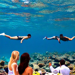 Caribbean Holidays, October Weddings, Wedding guests snorkelling in clear Caribbean water near the United States Virgin Islands, with coral reef and tropical fish