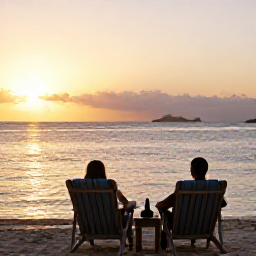 Caribbean Holidays, October Wellness, A couple relaxing in comfortable chairs at sunset on a quiet Saint Kitts coastline, with Nevis visible across the water and warm evening light