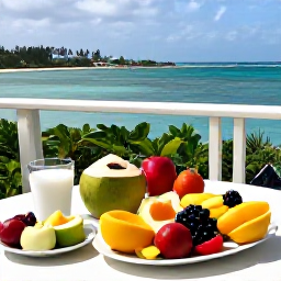 Caribbean Holidays, October Wellness, A healthy Caribbean breakfast on a shaded Saint Kitts terrace, featuring fresh tropical fruit, coconut water and colourful local ingredients with a sea view