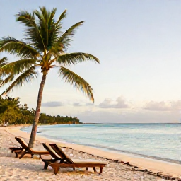 Caribbean Holidays, October Wellness, A peaceful October morning at a Saint Kitts beach, with calm turquoise water, soft golden light and a few comfortable sun loungers beneath palm trees