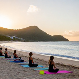 Caribbean Holidays, October Wellness, A serene outdoor yoga session on a quiet Saint Kitts beach at sunrise, with mats facing the sea and green hills in the background