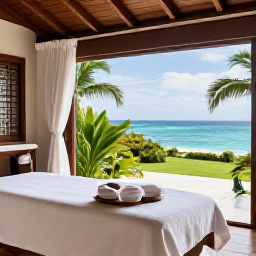Caribbean Holidays, October Wellness, A tranquil spa treatment room in Saint Kitts with natural wood, white towels, tropical greenery and an open view towards the Caribbean Sea