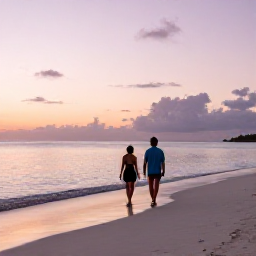 Caribbean Holidays, October Wellness, Couple walking barefoot along a quiet beach in Turks and Caicos at sunset, pastel sky and calm sea, tranquil romantic holiday scene