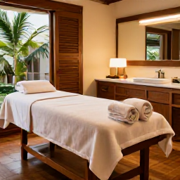 Caribbean Holidays, October Wellness, Elegant spa treatment room at a Turks and Caicos resort, natural wood, soft towels, tropical greenery and warm calming light