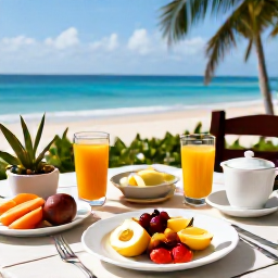 Caribbean Holidays, October Wellness, Healthy Caribbean breakfast with tropical fruit, fresh juice and local ingredients on a shaded terrace overlooking the sea
