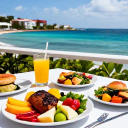 Caribbean Holidays, October Wellness, Healthy Caribbean lunch at a seaside restaurant in Sint Maarten, colourful fresh fruit, grilled fish, salads and a view of the bay