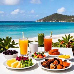 Caribbean Holidays, October Wellness, Healthy Caribbean lunch with fresh fruit, colourful salad and grilled seafood at an outdoor table overlooking the sea in the United States Virgin Islands