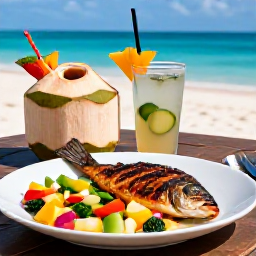 Caribbean Holidays, October Wellness, Healthy Caribbean lunch with fresh grilled fish, colourful salad, tropical fruit and coconut water at a beachside restaurant in Turks and Caicos