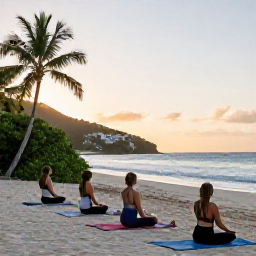 Caribbean Holidays, October Wellness, Outdoor yoga class at a peaceful Caribbean beach in Saint Martin, mats facing the sea, tropical greenery and gentle sunrise light