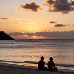 Caribbean Holidays, October Wellness, Peaceful sunset over a secluded beach in the United States Virgin Islands, gentle waves, warm sky and a couple sitting quietly near the shoreline